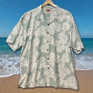 Hilo Hattie Hawaiian Aloha Shirt Mens XL Green Cream Mostera Leaf 100% Silk Camp